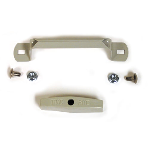  The handle package includes one metal door handle (to be mounted on the bottom bar) with mounting fasteners. Also included is a plastic pull handle to be used with a rope (rope not included).