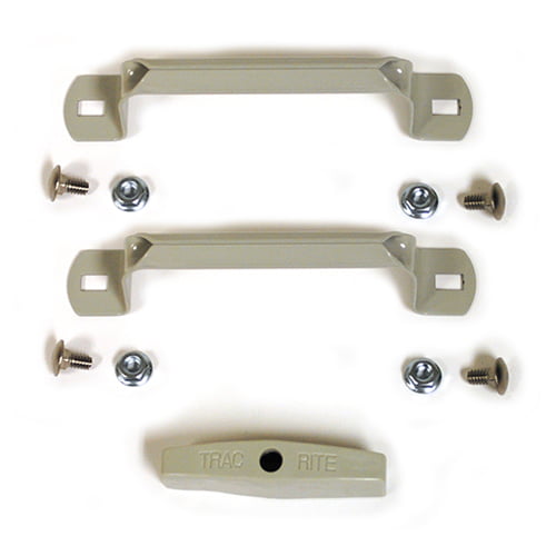 The handle package includes two metal door handles (to be mounted on the bottom bar) with mounting fasteners. Also included is one plastic pull handle to be used with a rope (rope not included).